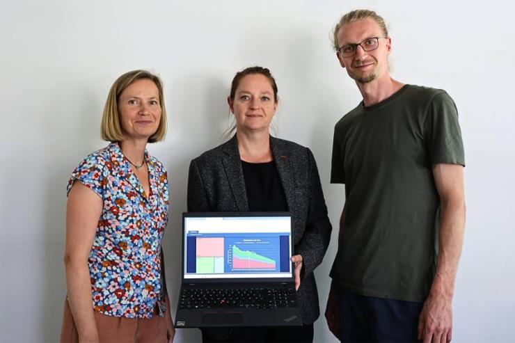 Drei Menschen stehen mit den Gesichtern zur Kamera vor einer Wand. Links steht Annett Müller, Klimaschutzmanagerin der Stadt Jena, in der Mitte steht die Dezernentin für Soziales, Gesundheit, Zuwanderung und Klima, Kathleen Lützkendorf, die einen Laptop in den Händen hält und den Bildschirm zur Kamera zeigt. Der Bildschirm zeigt die Startseite des digitalen Klimaschutzmonitoring-Tools von Jena. Rechts steht Kevin Muschalle-Momberg, der Leiter der Stabsstelle Klima.
