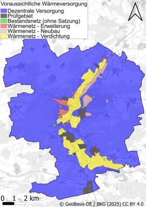 Eine Karte von Jena, in der farblich gekennzeichnet Flächen der verschiedenen voraussichtlichen Wärmeversorgung eingetragen sind. Laut Kartenlegende markieren violette Flächen eine dezentrale Versorgung, dunkelgraue Prüfgebiete, grüne Flächen markieren das Bestandsnetz ohne Satzung, pink markiert Flächen, auf denen das Wärmenetz erweitert werden soll, hellrosa steht für Flächen, in denen Wärmenetze neu gebaut werden sollen und in gelb markierten Flächen soll das Wärmenetz verdichtet werden. 